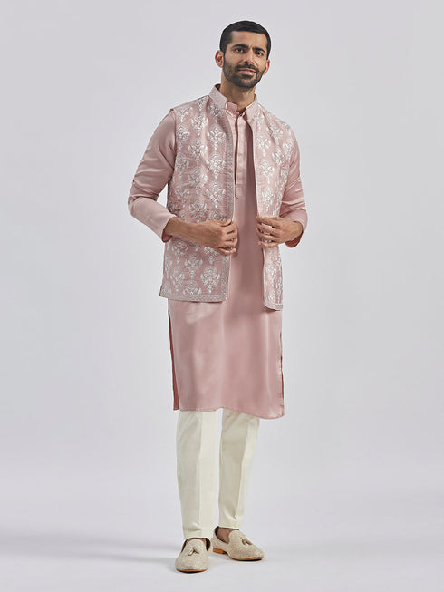 Men's Beige And Cream Silk Blend Jacket, Kurta And Pyjama Set